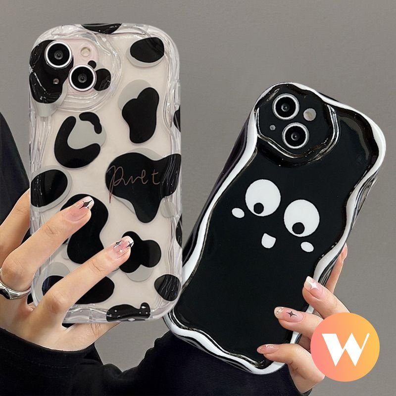 IPHONE Case Kompatibel Untuk Iphone11 13 14 12 Pro Max XR XS X Max Se2020 7Plus 8 6s7 6 Plus Simple Hitam Putih Motif Leopard Ekspresi Lucu 3D Tepi Bergelombang Melengkung Soft Cover