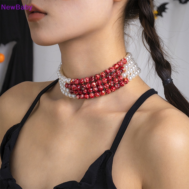 Newbaby Fashion Gothic Halloween Pola Darah Kalung Mutiara Multilayer Pearl Beads Choker Necklace Untuk Wanita Perhiasan Halloween Hadiah Kalung Pesta Perhiasan Hadiah ID