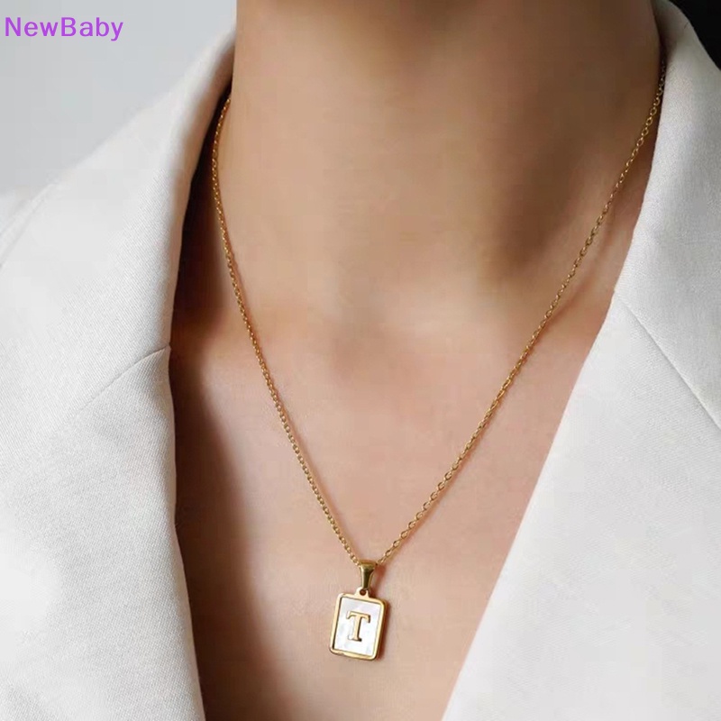 Newbaby Kalung Rantai Emas Persegi Natural Shell Huruf Inisial Liontin Perhiasan ID