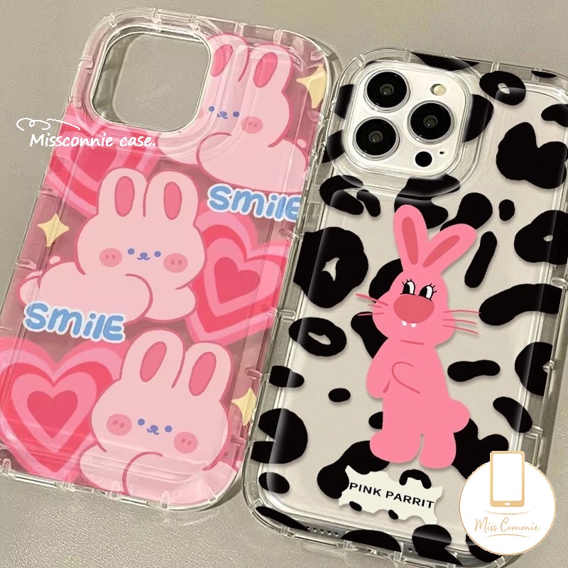 IPHONE Casing Ponsel Kartun Smile Kelinci Pink Kompatibel Untuk Iphone11 7Plus 14 13 12 Pro MAX 7 6 6S 8plus XR X XS MAX Love Heart Fashion Motif Leopard Shockproof Airbag Soft Cover