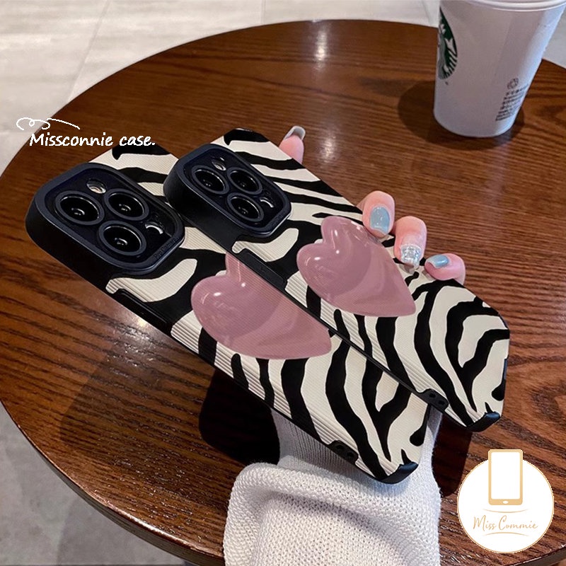 IPHONE Seni Garis Tidak Teratur Motif Zebra Cinta Hati Casing Ponsel Kompatibel Untuk Iphone7 8 Plus11 13 14 7Plus XR 12 Pro MAX X XS MAX Mewah Tekstur Kulit Shockproof Cover