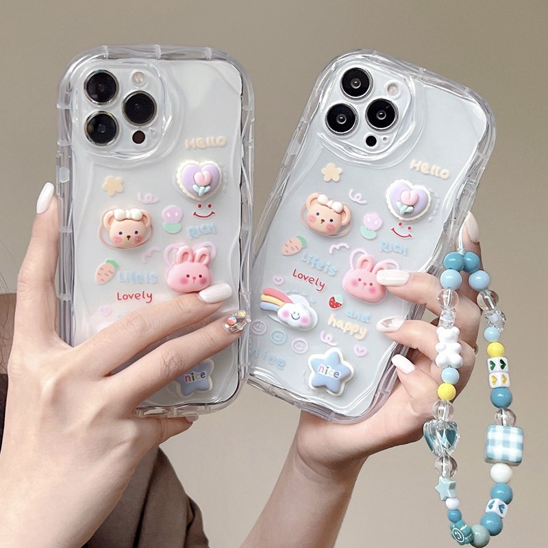 3D Clear Hand Made Diy Cute Cream Rabbit Bear Flower Soft Case iPhone 11 12 13 14 Pro Max New Apple for women girls Gift Bracelet Airbag case