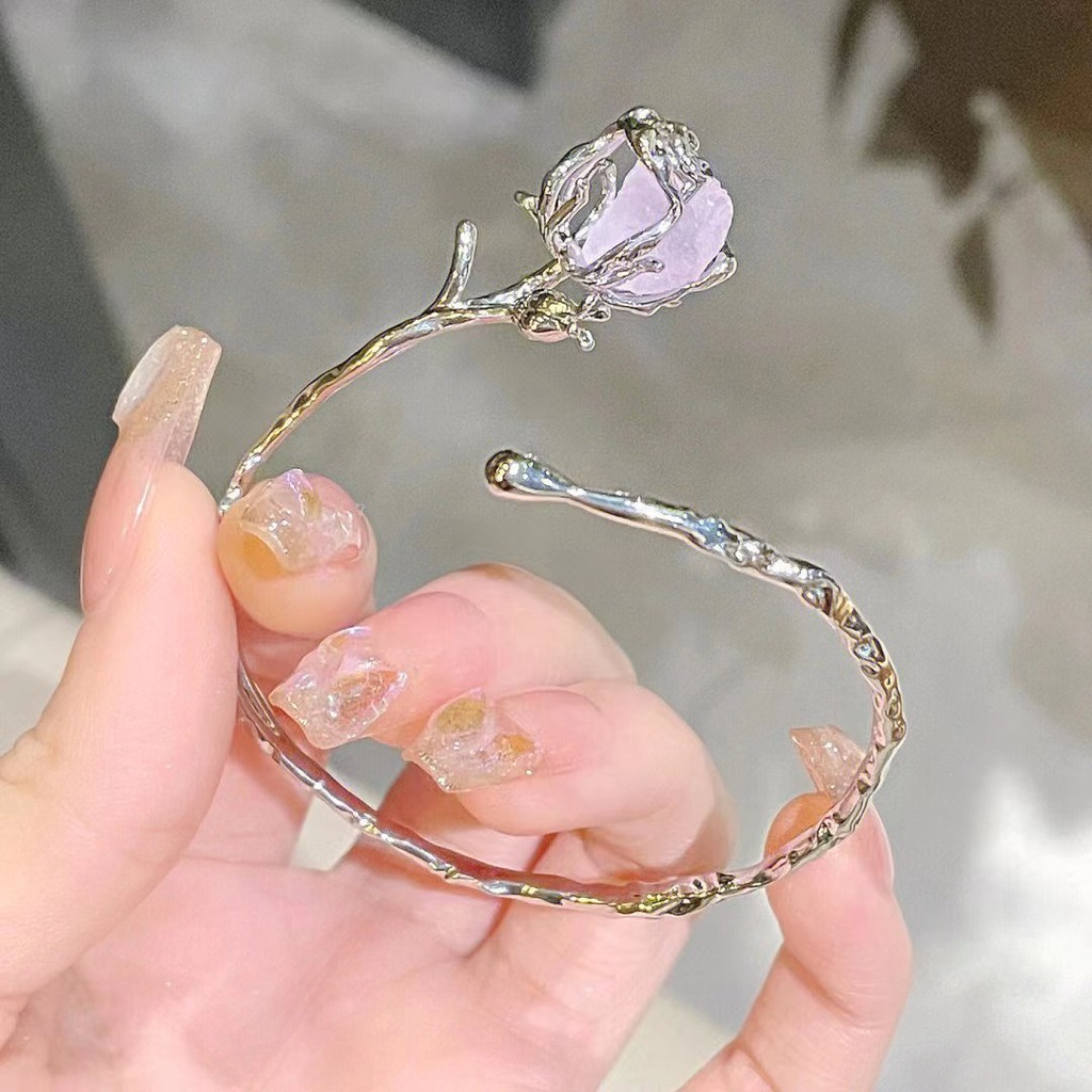 Gelang Anggur Bunga Mawar Berongga Elegan/Bangle Warna Silver Batu Ungu/Bangle Terbuka Yang Dapat Disesuaikan Mewah/Gelang Pesona Manis Korea/Perhiasan Trendi Wanita