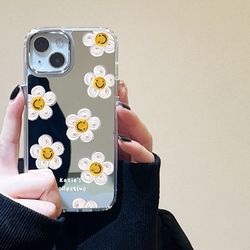 IPHONE Tulis Emoji Flower Mirror Phone Case Kompatibel Untuk Iphone11 12 13 14 12Pro 13Pro 14Pro Pro Max XR X XS Max Electroplating Tombol Perlindungan Mirror Cover