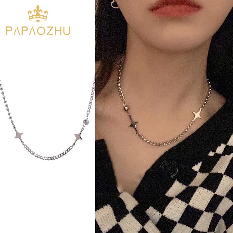 Papaozhu Keren Y2K Stainless Steel Bola Kecil Rantai Bintang Choker Kalung Untuk Wanita Pria Unisex Fashion Punk Chunky Tulang Selangka Chain Necklaces Perhiasan Hadiah