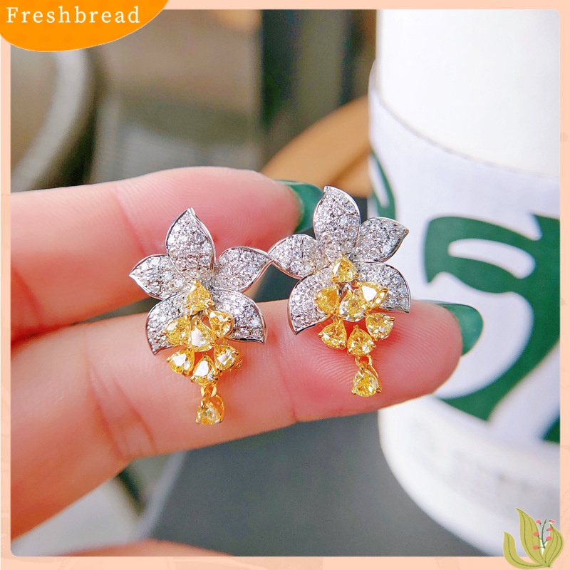 [FRA] Mewah micro-studded diamond Asscher Kuning Berlian Bunga stud Anting-Anting ins Gaya Desainer senior Perhiasan custom