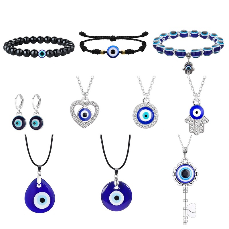 11pcs Evil Eye Kalung Liontin Untuk Wanita Pria Tali Kulit Anting Perlindungan Gelang Set Perhiasan