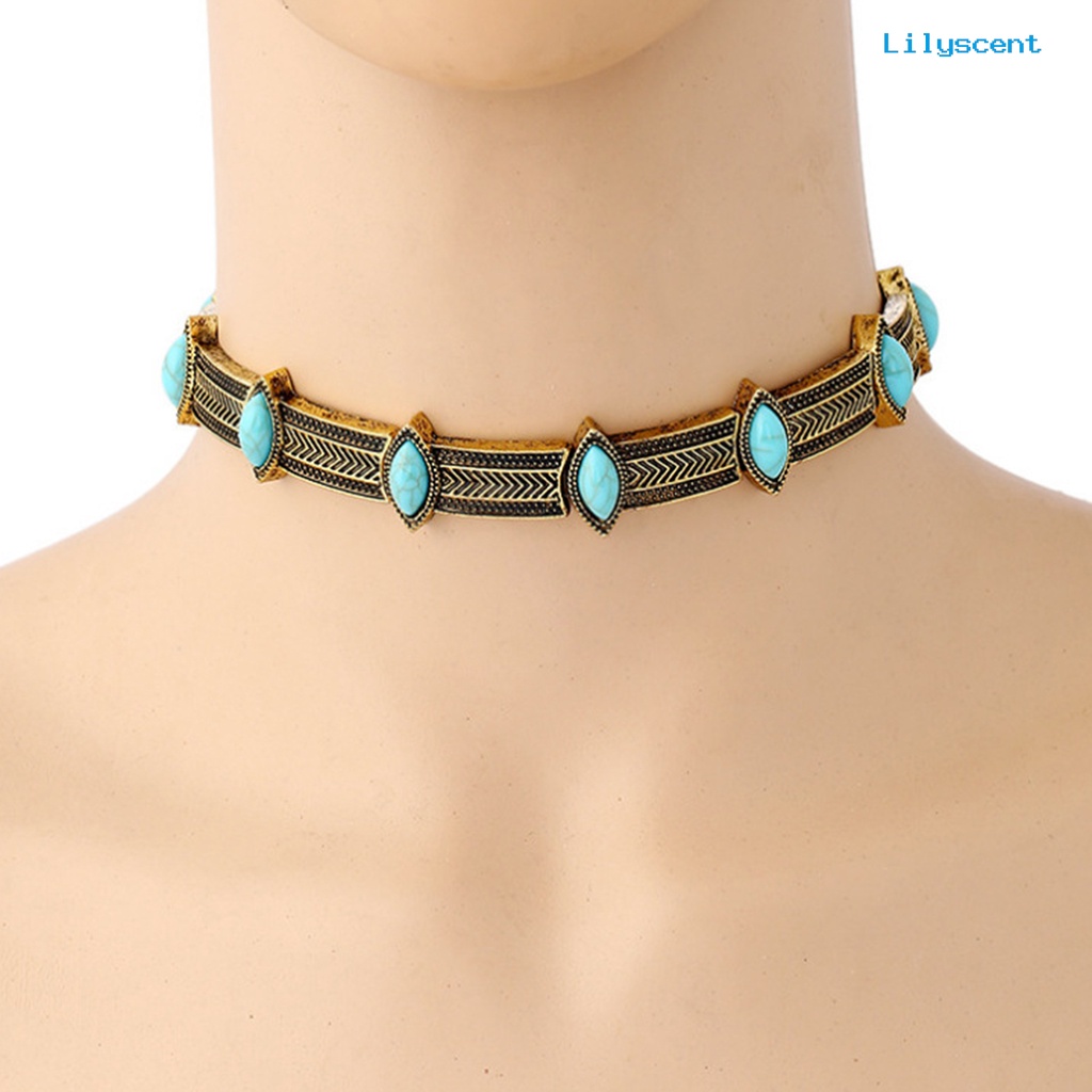 [LS]Turquoise Gaya Vintage Choker Kerah Alloy Bohemian Adjustable Wanita Kerah Kalung Perhiasan Hadiah