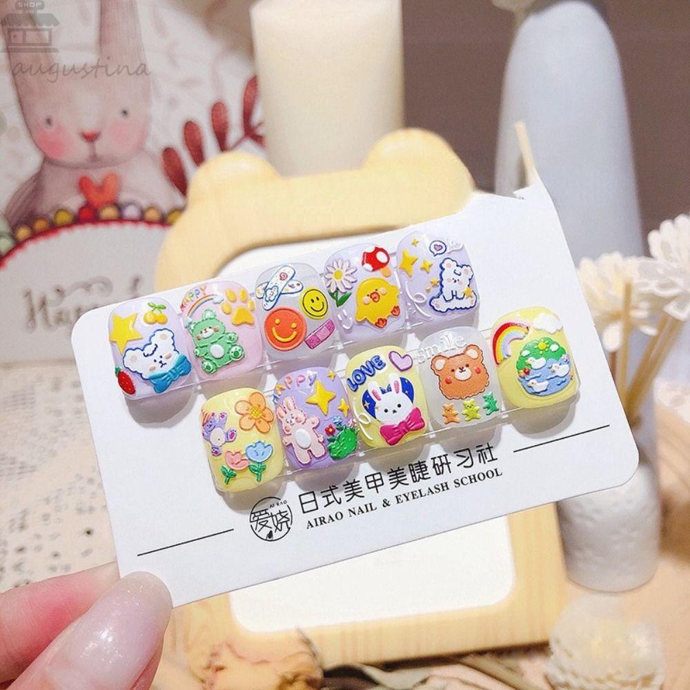 AUGUSTINA Agustina Beruang Kelinci Stiker Kuku DIY 5D Tahun Baru Kembali Lem Kartun Relief Manicure Charms