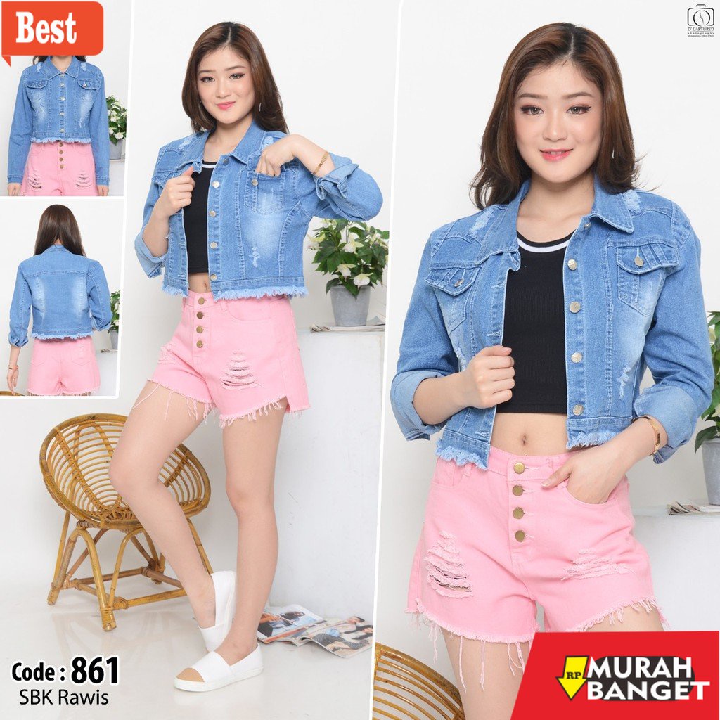 Jaket denim wanita terbaru- MC girl Jaket Crop Jeans Sobek Rawis