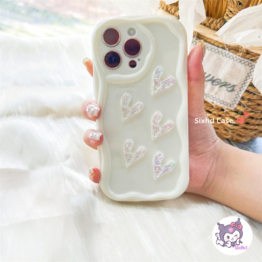 Realme C55 C21Y C35 C33 C30 C25 C12 C11 C25Y C25s C15 C20 C3 9i 6i 5i 5 Narzo N55 50A 50i Prime Ins 3D DIY Love Heart Lensa Kamera Soft Cover Cream Wave Case Dengan Lanyard Telepon