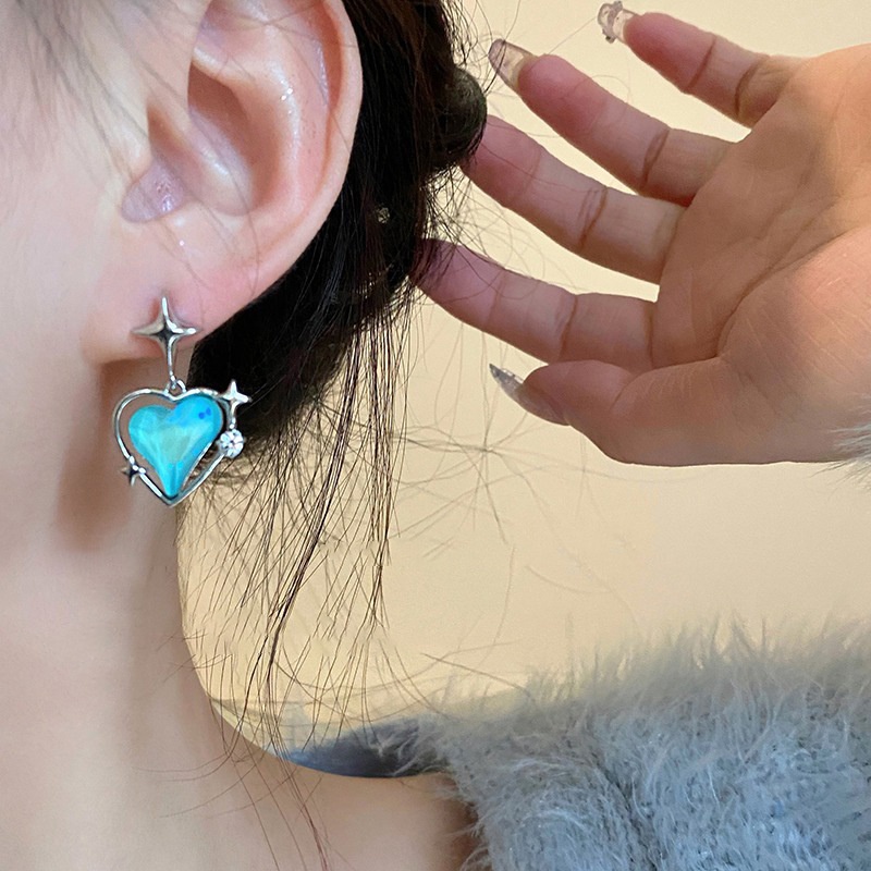 Anting Tetes Zirkon Asterisme Keren Manis/ Anting Liontin Cinta Riak Air Vintage Korea/ INS Perhiasan Telinga Menjuntai Biru Neon