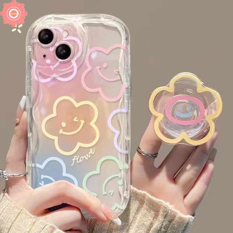 Smile Flowers Lucu Holder Phone Case Untuk Redmi A1 9 10A 9A 10C 10 9T 9C NFC A2 Redmi Note11 12 9 8 10s 11s 10 Pro Max POCO M3 3D Wavy Curved Edge Flower Stand Holder Phone Cover