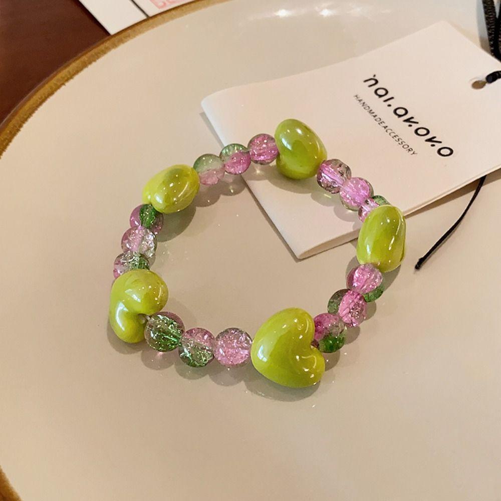 Mxbeauty Kalung Choker Hati, Gelang Manik-Manik Kaca Hijau, Rantai Harajuku Dopamin Gelang Peregangan Merah Muda Untuk Hadiah