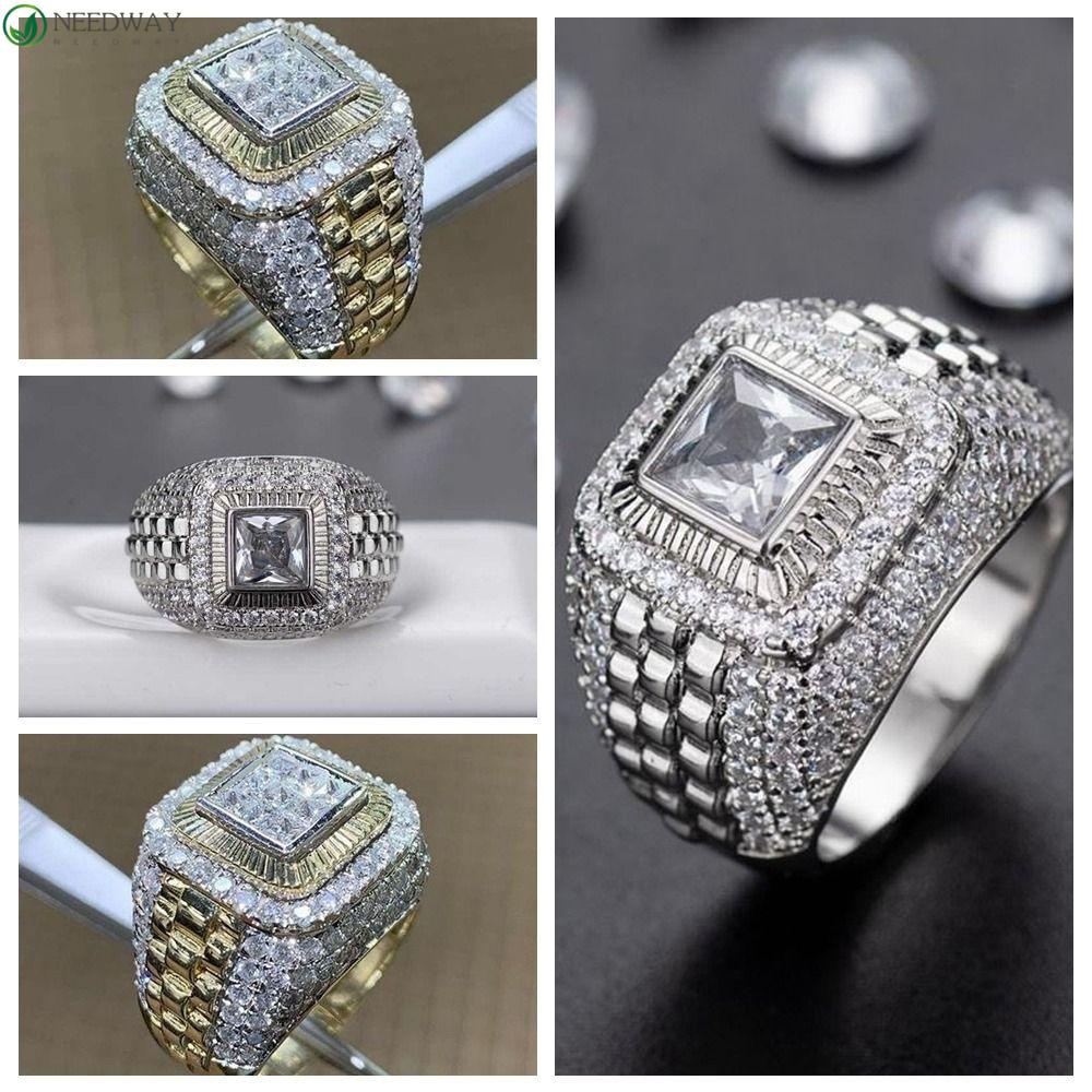 NEEDWAY Needway Pria Cincin Emas Kepribadian Trendi Hadiah Ulang Tahun Jari Cincin Berlian Imitasi Alloy Vintage Gaya Korea Ring