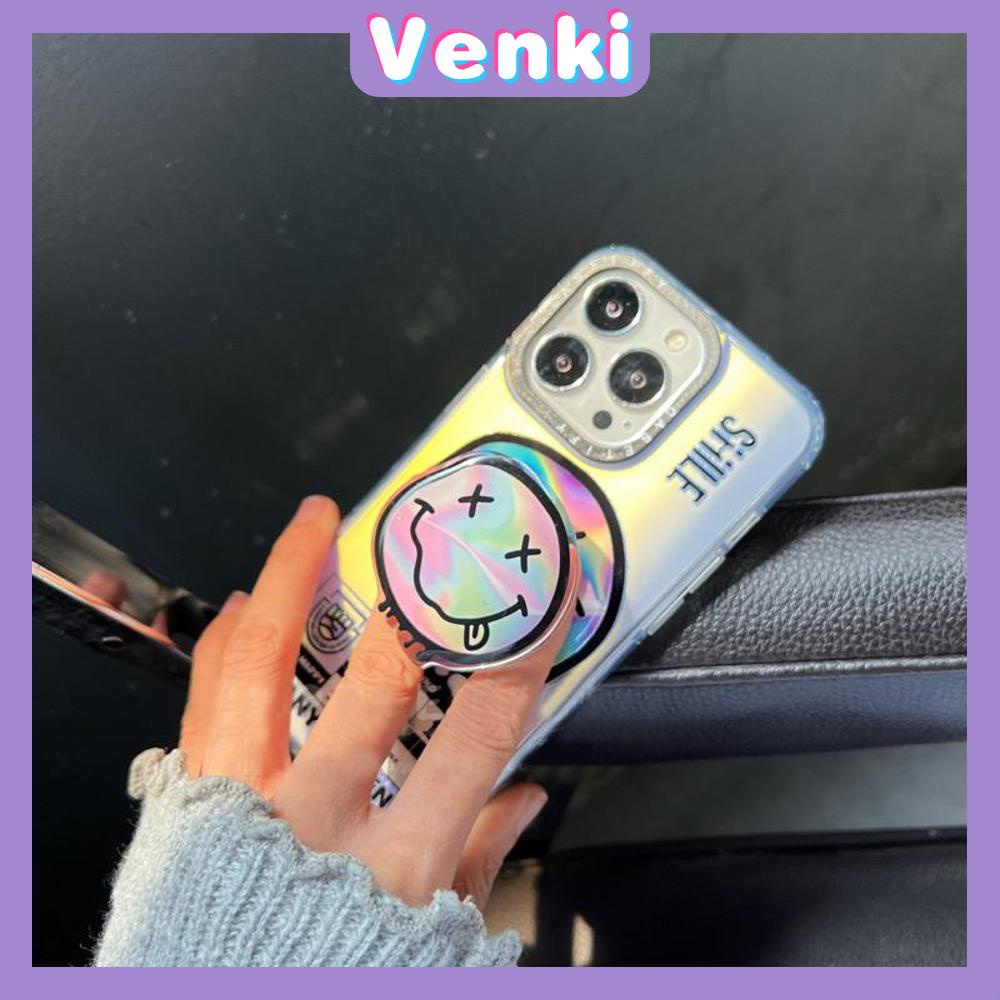 VENKI - Casing Ponsel Griptok Pegangan Akrilik Braket Lipat Kantong Udara Transparan Kompatibel dengan Casing Ponsel iPhone Sederhana Keren Berubah Kreatif Smiley Beruang Lucu