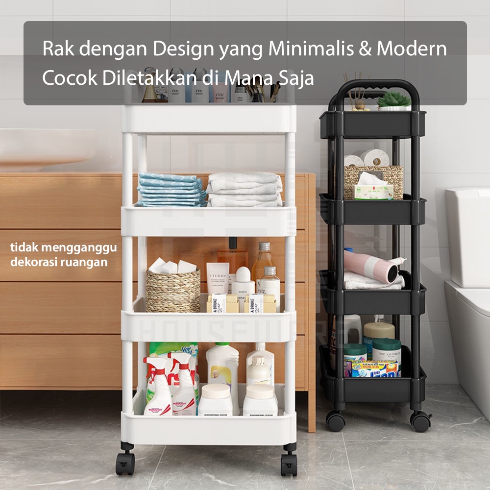 HUGO Rak Troli Susun Serbaguna Rak Dapur Toilet Kamar Tidur Salon Tempat Penyimpanan Makanan Buah dengan Roda dan Pegangan