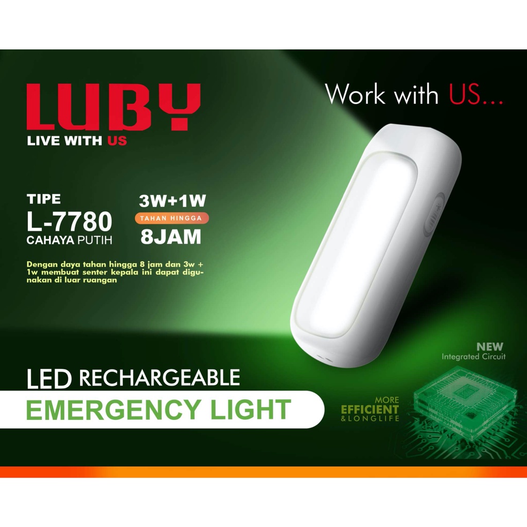 Lampu Emergengy Cas LUBY L 7780 Putih Baterai Rechargeable Ulang Lampu EMergency LED Camping 3 1 Watt Senter