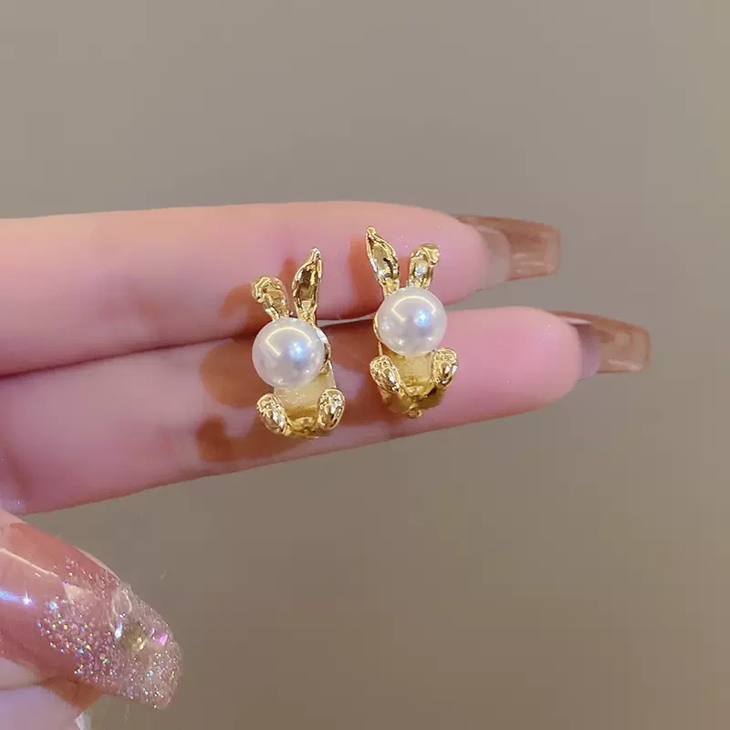 Fashion Pengantin Pernikahan Elegan Anting-Anting Flash Berlian Indah Wanita Korea INS Besar Mutiara Kelinci Berlian Imitasi Stud Anting-Anting Pesta Gadis