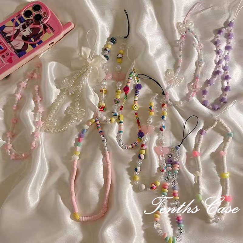 Girls Style Colorful Butterfly Pattern Shaped Phone Case Universal Hanging Cord Beaded Chain Convenient Anti Drop Creative Lanyard