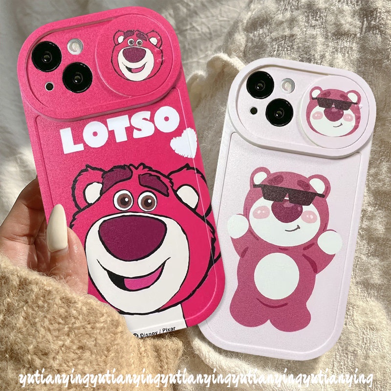 Cute Cartoon Strawberry Bear Lotso Push Pull Window Camera Lens Protector Case Compatible For iPhone 7Plus XR X XS Max 11 13 12 Pro Max 8Plus Funny Doraemon Cover