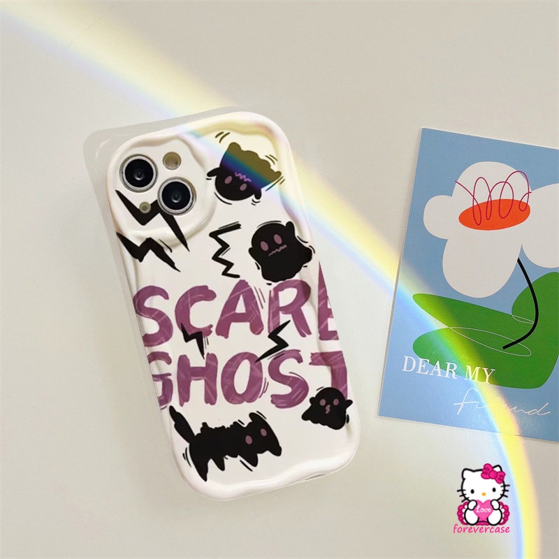 Cartoon Scared Ghost Cat Soft Tpu Case Compatible for IPhone 7Plus XR XS X Max 7 6 8 6s Plus 11 14 12 13 Pro Max SE 2020 Cute Little Monster 3D Wavy Curved Edge Couples Cover