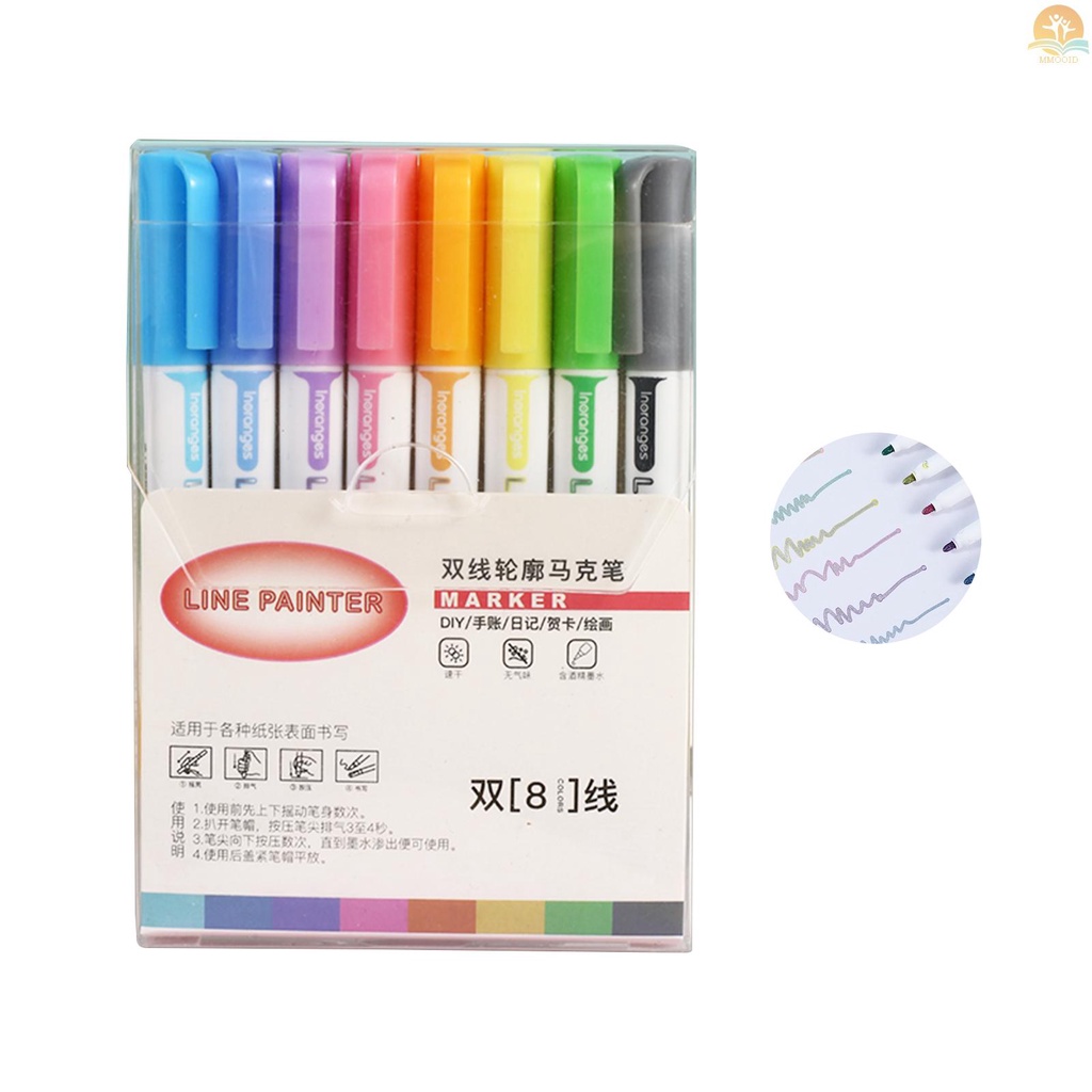 In Stock 8warna Spidol Pewarna Garis Ganda Garis Besar Paint Pen 2.0mm Tip DIY Scrapbooking Untuk Artis Anak Dewasa Kertas Hitam Buku Mewarnai Foto Batu Kaca Sekolah Kantor Suppl