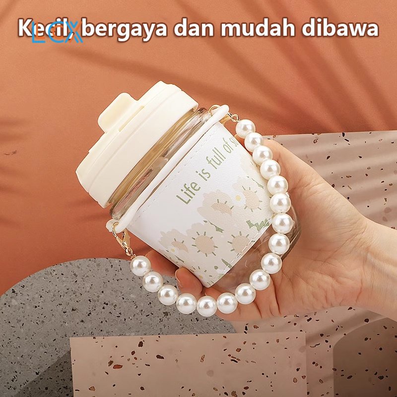 LCX Tumbler Kaca / Botol Lucu Tali Mutiara / Gelas Minum Kaca Simple Elegan Water Bottle Cup For Coffee VS-345