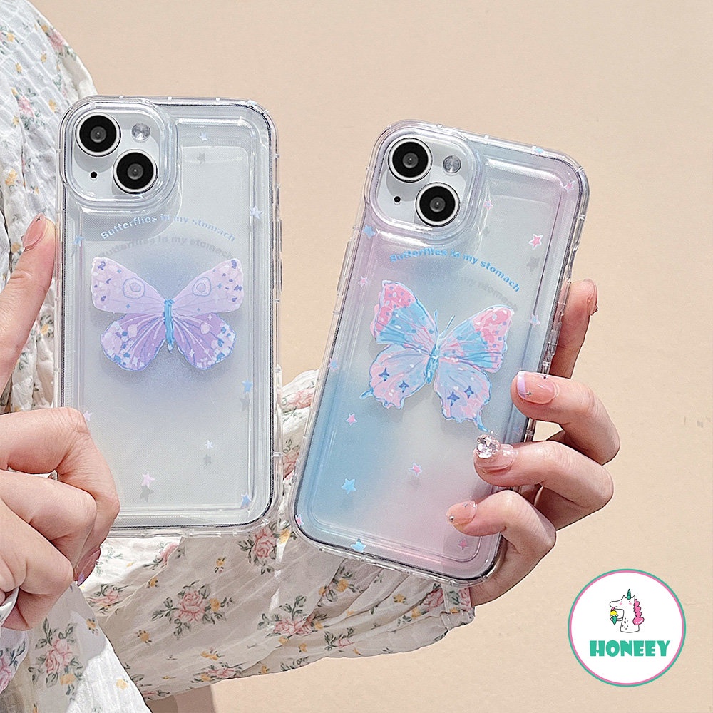 IPHONE Casing Ponsel Kupu-Kupu Gradasi Warna Korea Kompatibel Untuk Iphone14 13 12 11 Pro Max XR XS 7Plus 8Plus Bening Airbag Shockproof Back Cover