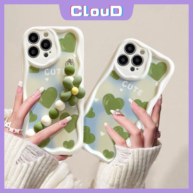 Casing Tepi Melengkung Bergelombang 3D Untuk Redmi 9T 9A A2 9C NFC 10C 10A A1 9 10 POCO M3 Redmi Note12 11 8 11s 10s 9 10 Pro Max Art Cat Minyak Green Love Heart Case Dengan Tangan Bunga Gelang Tangan