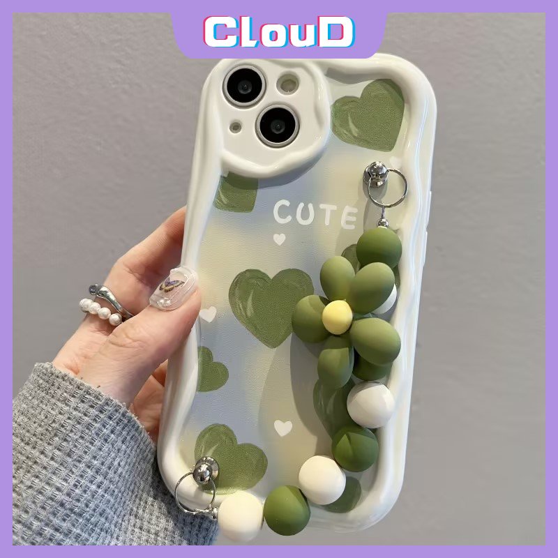 Casing Tepi Melengkung Bergelombang 3D Untuk Redmi 9T 9A A2 9C NFC 10C 10A A1 9 10 POCO M3 Redmi Note12 11 8 11s 10s 9 10 Pro Max Art Cat Minyak Green Love Heart Case Dengan Tangan Bunga Gelang Tangan