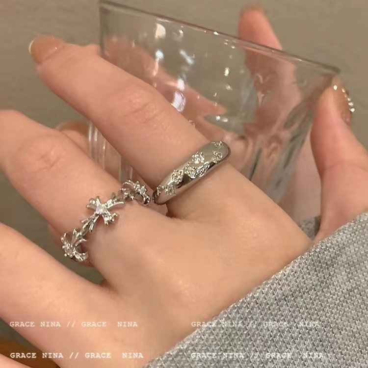 Ifyou 2pcs /Set Cincin Terbuka Zircon Set Cincin Silang Kristal Elegan Untuk Aksesoris Perhiasan Wanita