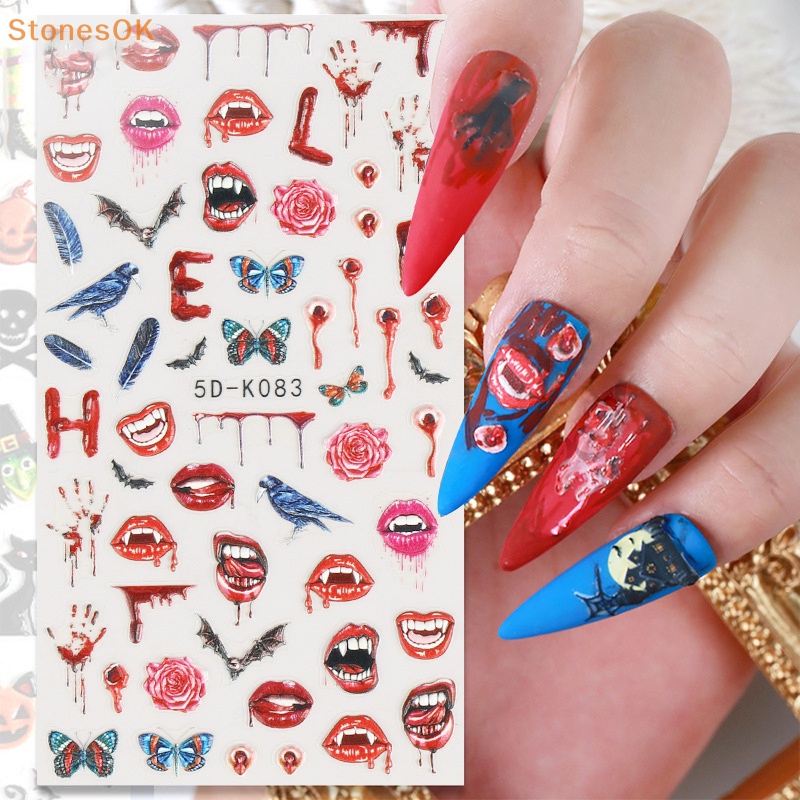 Batu Halloween Stiker Kuku 5D Skeleton Ghost Pattern Nail Decals Self-Adhesive Cree ID