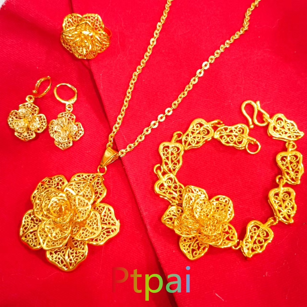 Hadiah Pernikahan Set gelang Kendari Bracelet+kalung+cincin+anting 24k gold xuping dubai terbaru per