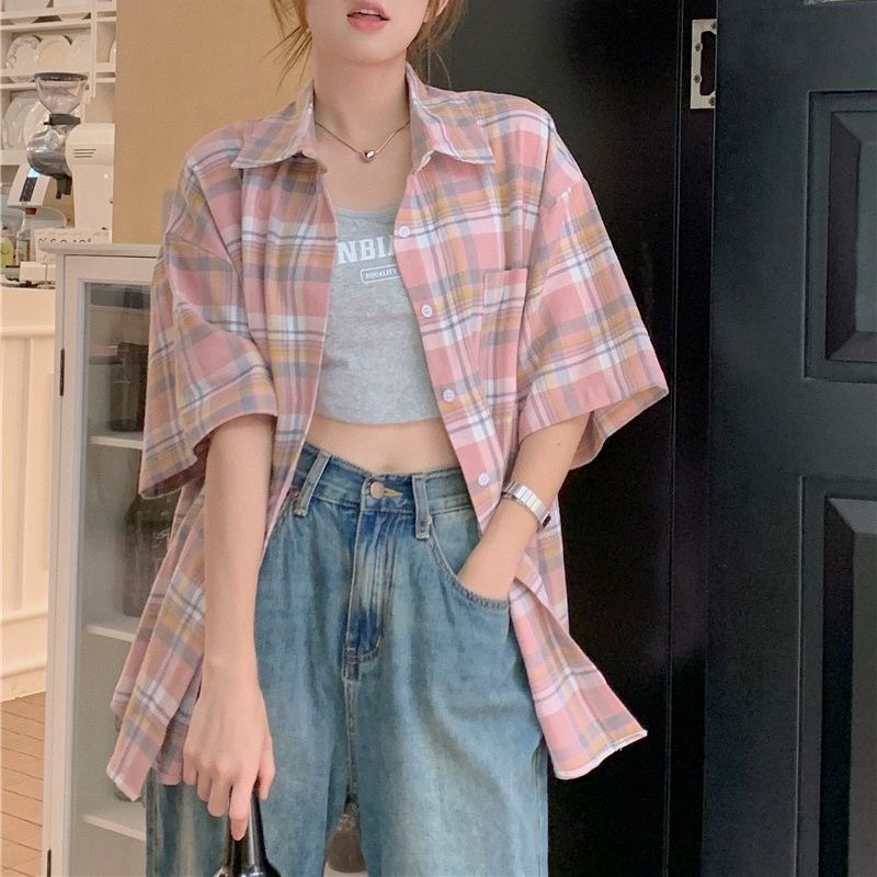 Kemeja kotak-kotak lengan pendek wanita musim panas versi Korea jaket outer kemeja lengan pendek ber