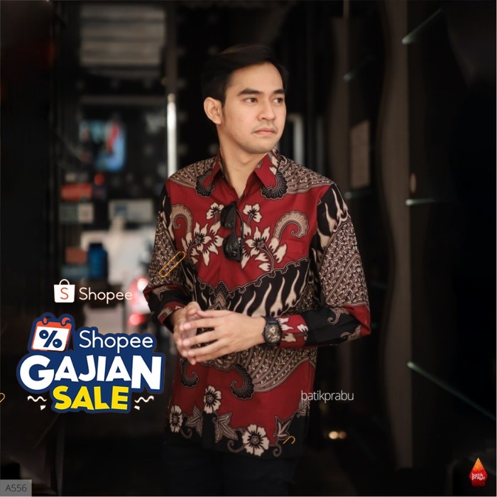 Batik Pria Bagus Lengan Panjang Premium Baturaden Merah Kantor BBJ20 - Merah, Kain 2 Meter