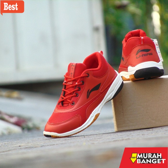 Sepatu bulu tangkis terbaru- Sepatu Pria Badminton Lining Solid Merah Putih Olahraga Li-Ning