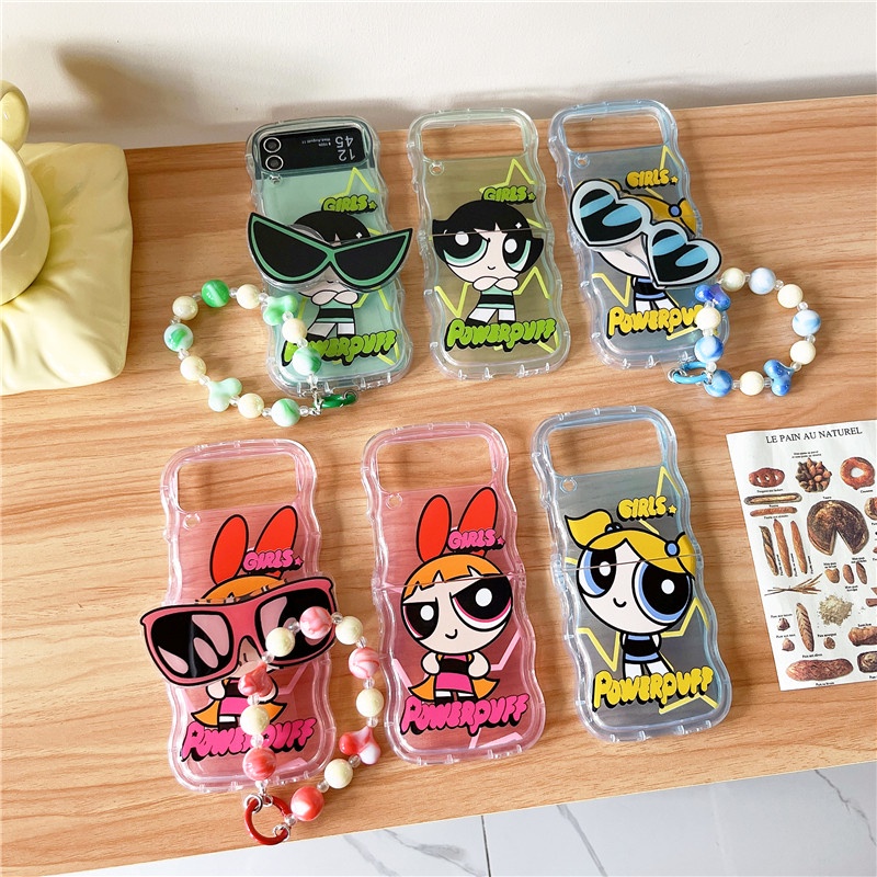 Samsung Galaxy Z Flip6/5/4/3 5G Casing Hp Fashion Z Flip 4kotak Gelombang+Breket +Chain Shockproof C