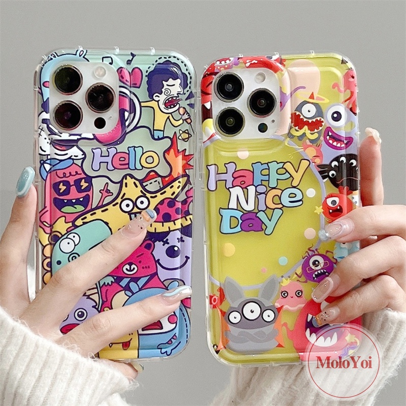 IPHONE Casing Ponsel Kartun Kompatibel Untuk Iphone14 11 13 12 Pro MAX XR 7Plus X XS MAX 6 7 8 6S Plus SE 2020 Cute Little Monster Airbag Shockproof Soft TPU Cover