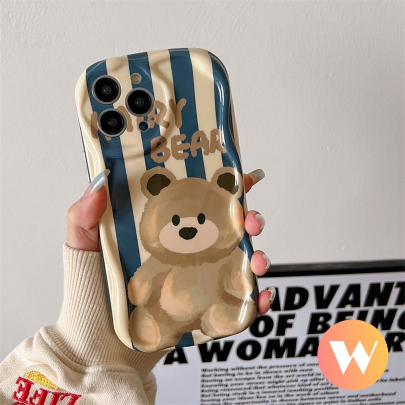 IPHONE Case Motif Garis Beruang Kartun Lucu Kompatibel Untuk Iphone11 Pro Max XR 6 7 8 6s Plus 14 13 12 Pro Max X 7Plus XS Max SE 2020 3D Wavy Curved Edge Airbag Glossy Shockproof Tpu Soft Cover