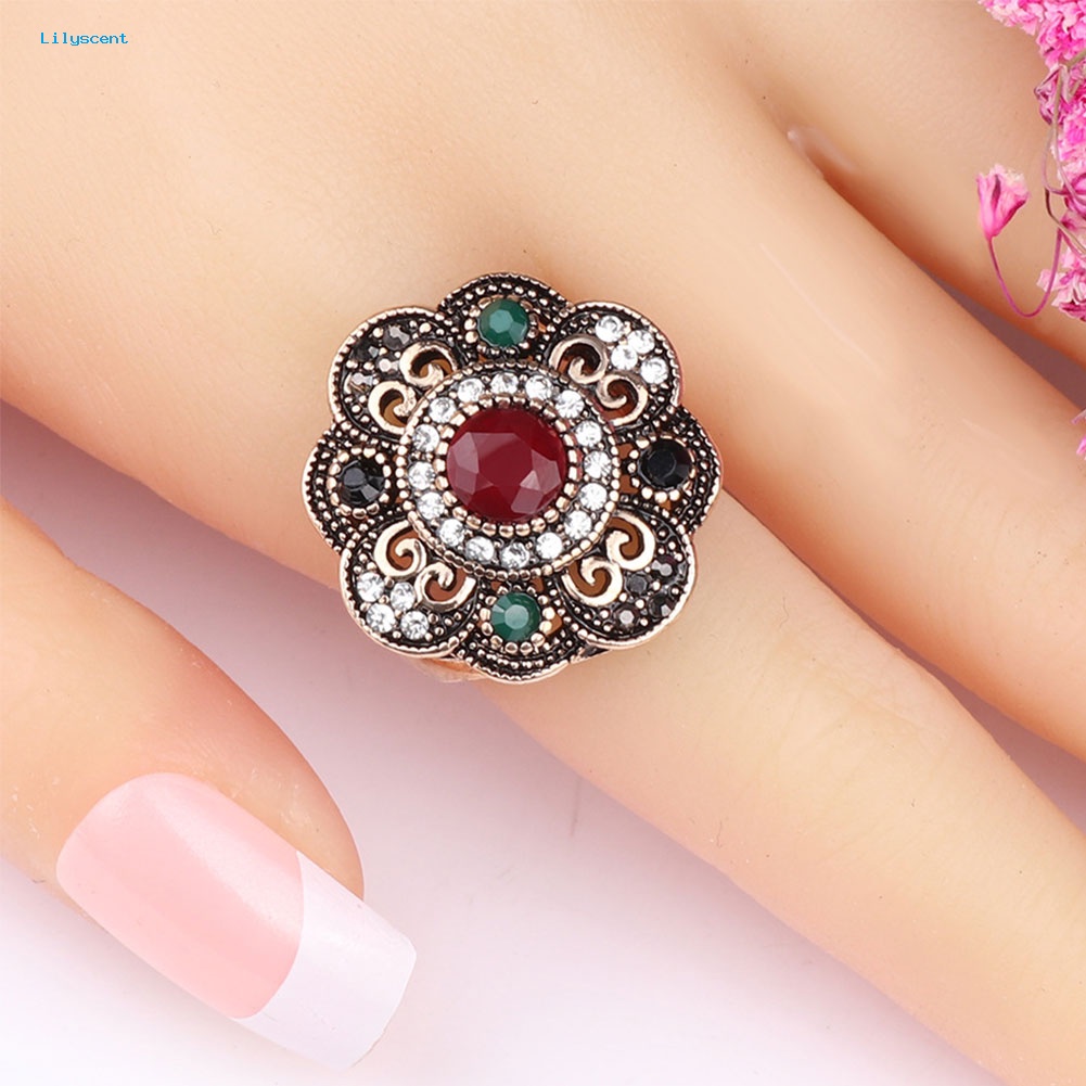 Lilyscent Vintage Wanita Berongga Bunga Berlian Imitasi Statement Cincin Perhiasan Pesta Cocktail