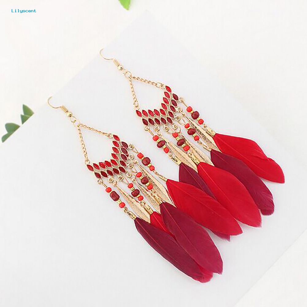 Lilyscent Vintage Panjang Menjuntai Bulu Boho Kait Anting Wanita Menawan Perhiasan Hadiah