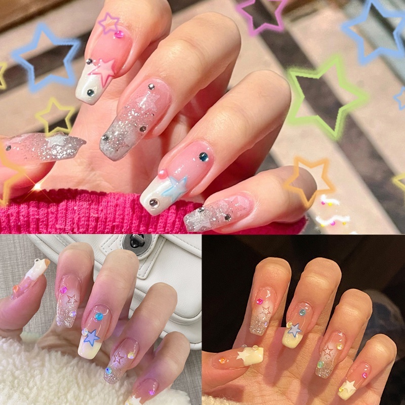 Korean INS Style Rainbows Star Love Heart Sequin Nail Decals/Stiker Nail Art Bulan Bintang Warna-Warni Dekorasi