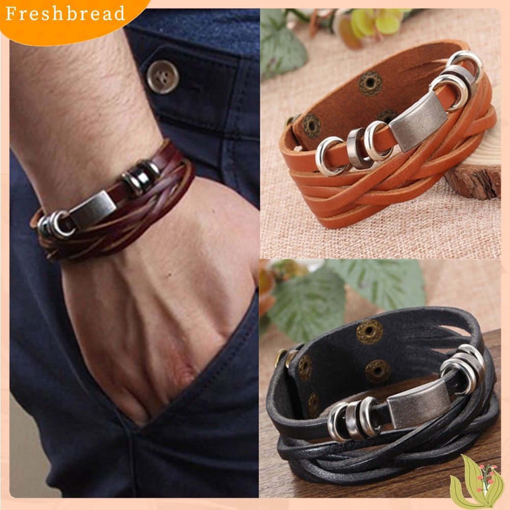 &lt; Freshbread &gt; Vintage Pria Wanita Kulit Imitasi Multilayer Gelang Bangle Gelang Perhiasan