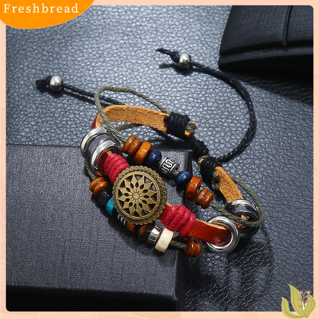 &lt; Freshbread &gt; Gelang Kulit Imitasi Vintage Tiga Lapisan Dikepang Bungkus Manik-Manik Kayu Adjustable Hias Hadiah Pria Wanita Gelang Tali Bangle Perhiasan Untuk Pakaian Sehari-Hari