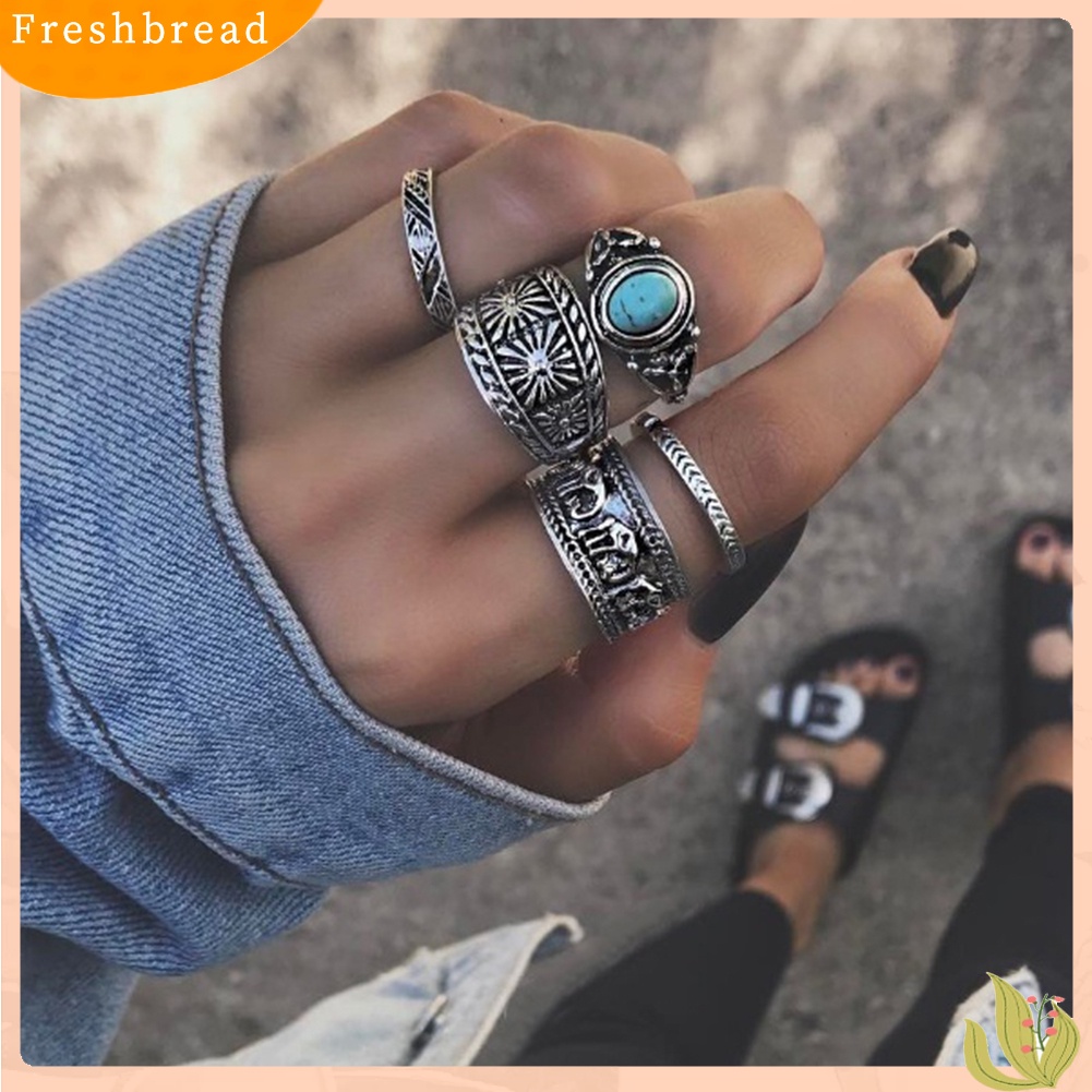 &lt; Freshbread &gt; 5Pcs/Set Wanita Gajah Turquoise Knuckle Ring Ukir Vintage Stacking Rings