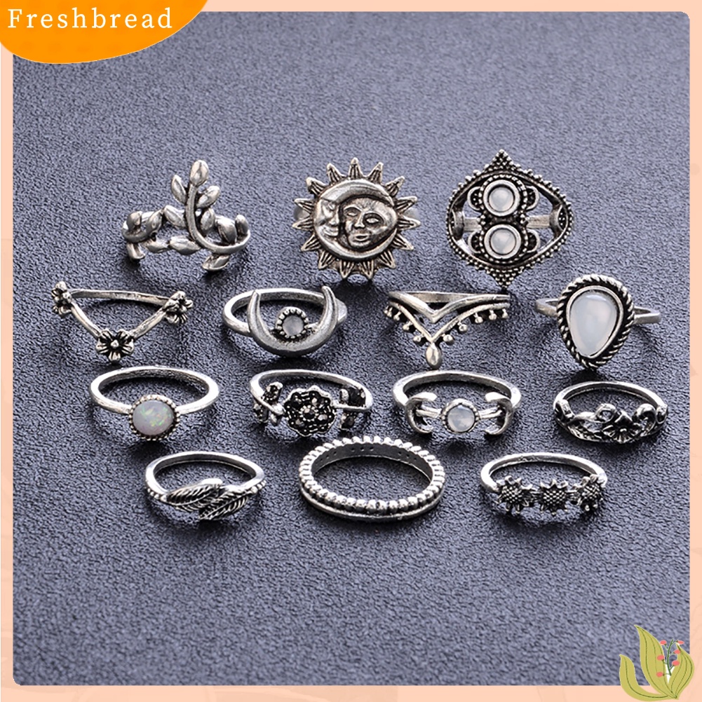 &lt; Freshbread &gt; 14Pcs Vintage Bunga Matahari Bulan Bentuk Wanita Knuckle Band Rings Set Jari Perhiasan