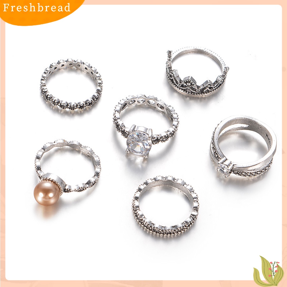 &lt; Freshbread &gt; 6 Pcs Retro Wanita Mutiara Imitasi Zirkon Mahkota Berongga Band Knuckle Midi Rings Perhiasan