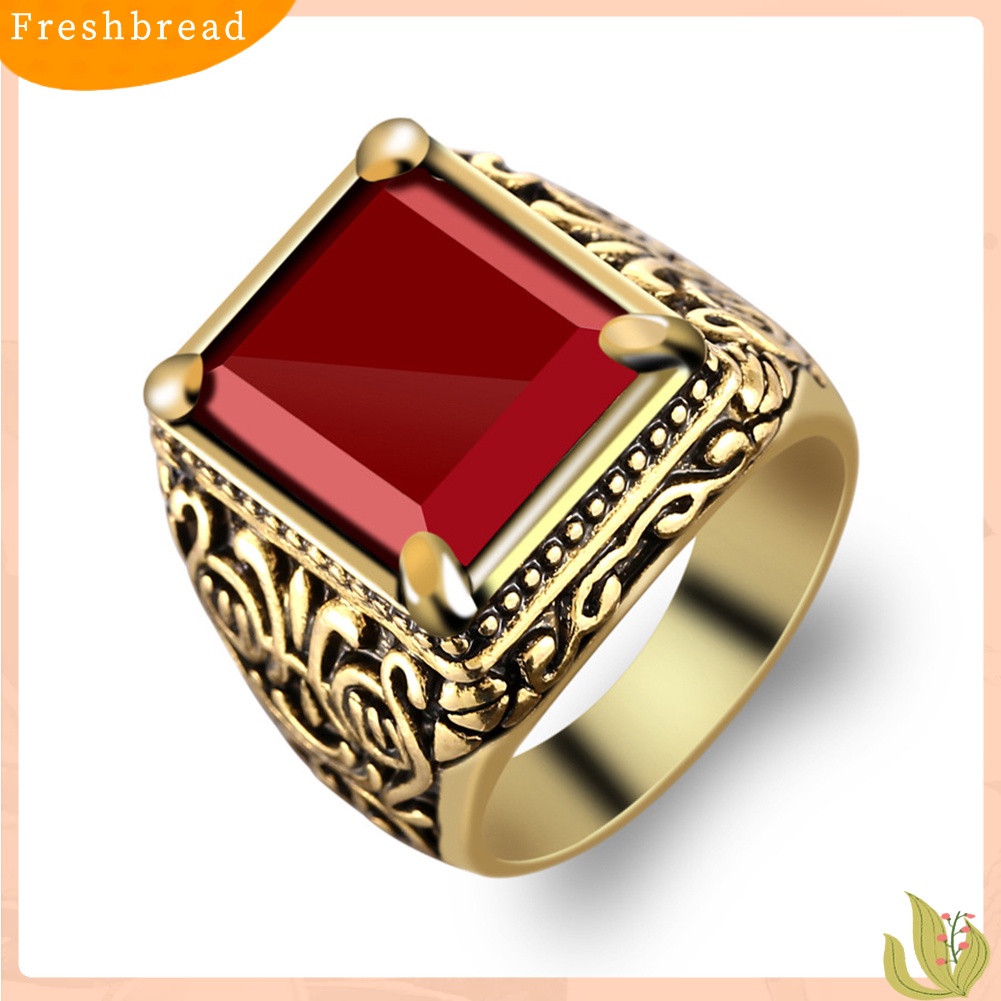 &lt; Freshbread &gt; Chinese Totem Vintage Square Resin Pria Perjamuan Cincin Lebar Band Jari Perhiasan