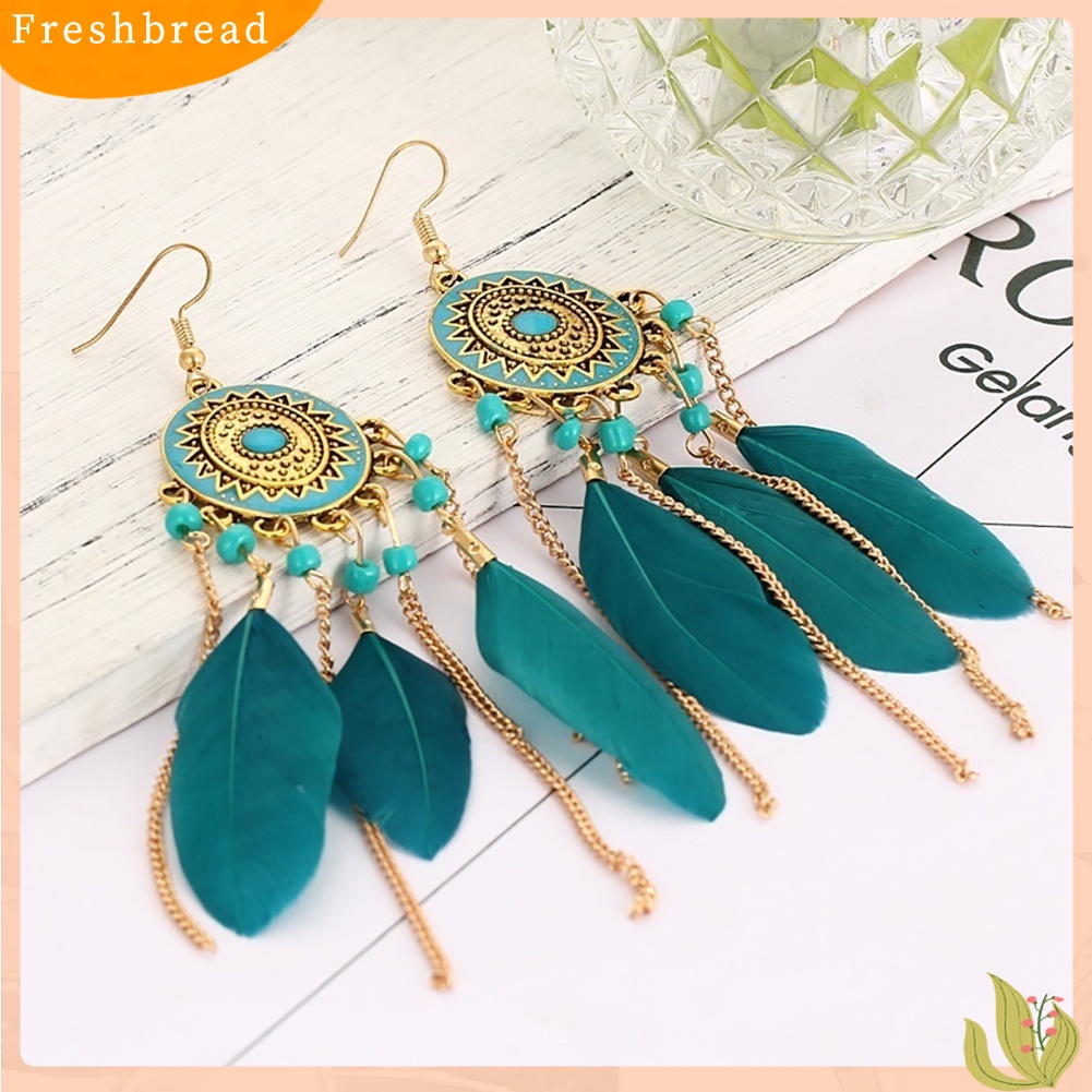 &lt; Freshbread &gt; Vintage Rantai Emas Bulu Rumbai Liontin Kait Anting Kasual Pesona Perhiasan